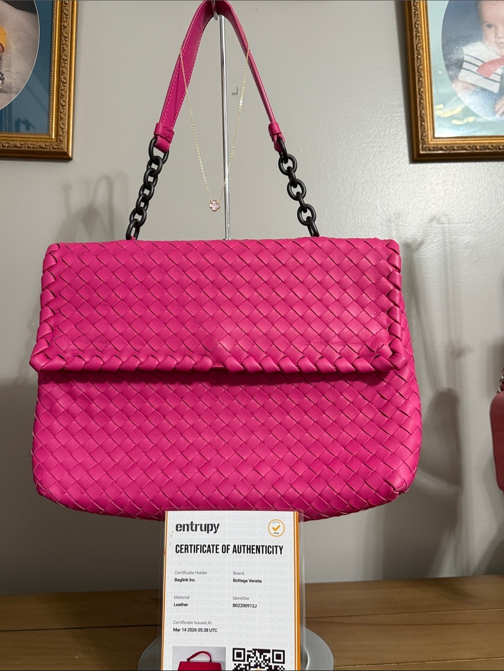 Bottega Veneta Hot Pink Intrecciato Leather Shoulder Bag & Pink Clover necklace